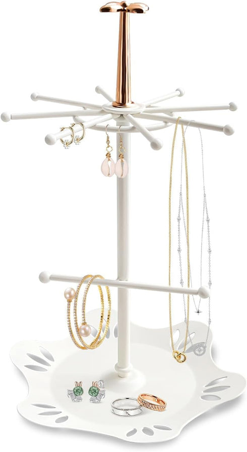 Jewelry Holder Organizer, Jewelry Display Stand with Metal Round Ring Tray, Necklace Earring Bracelet Tower Display Rack Hanging Storage Tree (IVO...