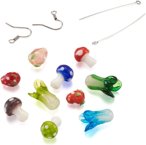 Beadthoven 20 Pairs DIY Lampwork Beads Earrings Making Starter Kit Cute Mushroom Strawberry Fruits Vegetable Lampwork Glass Beads with Stainless S...