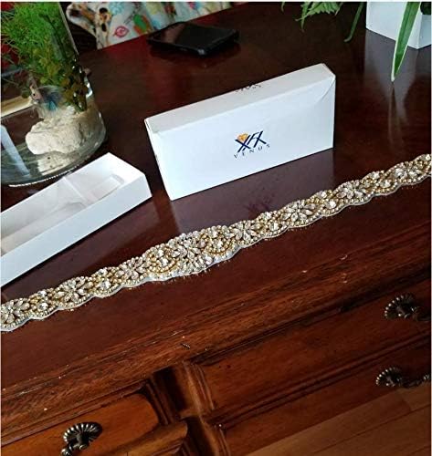 Gold Rhinestone Belts Crystal Wedding Dress Sash Applique with Beaded Jeweled Sequin Diamond Embellishments Hot Fix Iron on for Bridal Bridesmaid ...