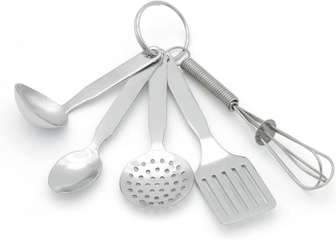 Mini Stainless Steel Kitchen Tool Set with Keychain(3.5"),Set of 5,Includes Whisk, Spatula, Spoon, Skimmer,Soup ladle...