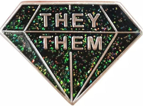 They Them Gender Pronouns Enamel Pin Brooch, Green Glitter Diamond Shape Lapel Pin, 1 Inch Wide...