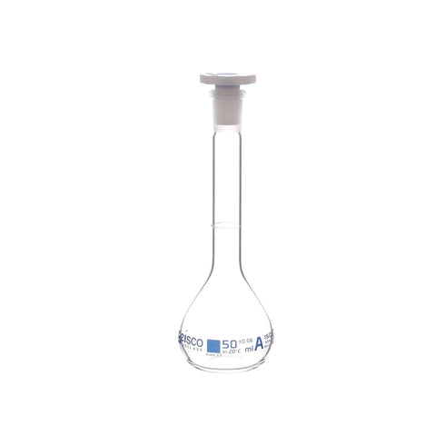 EISCO Volumetric Flask, 50ml - Class A - 12/21 Polyethylene Stopper, Borosilicate Glass - Blue Graduation, Tolerance ±0.060...
