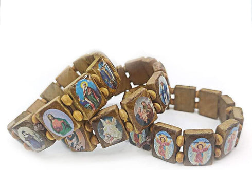 4Pcs Wooden Jesus Virgin Mary Bracelet Saints Rosary Stretch Wooden Small Panel Bracelet Religious Saints Jesus Gift...