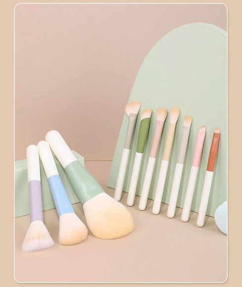 Cute Morandi Color ON THE GO Makeup Brush Set, 10pcs Easy-taken Mini Full Complete Function Cosmetic Brushes Kit...