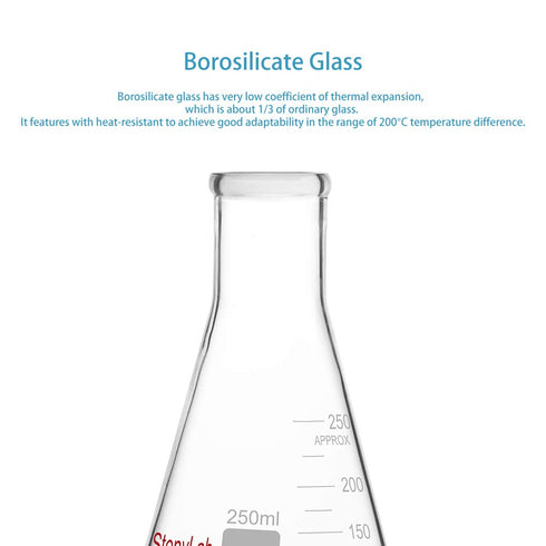 stonylab 1-Pack Glass 250 ml Heavy Wall Narrow Mouth Erlenmeyer Flasks with Heavy Duty Rim - (250ml Fits with StonyLab 7# Rubber Stopper)...