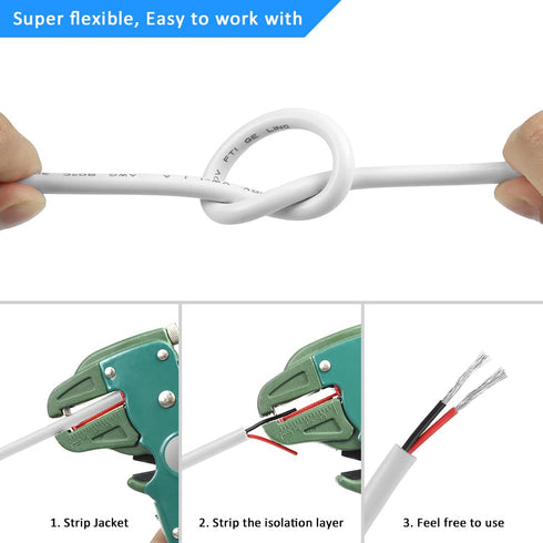16 Gauge 2 Conductor Electrical Wire, 16.4FT White Stranded Low Voltage 16/2 Cable PVC Case, 16 AWG Tinned Copper 2 Wire Cable Extension Power Cab...