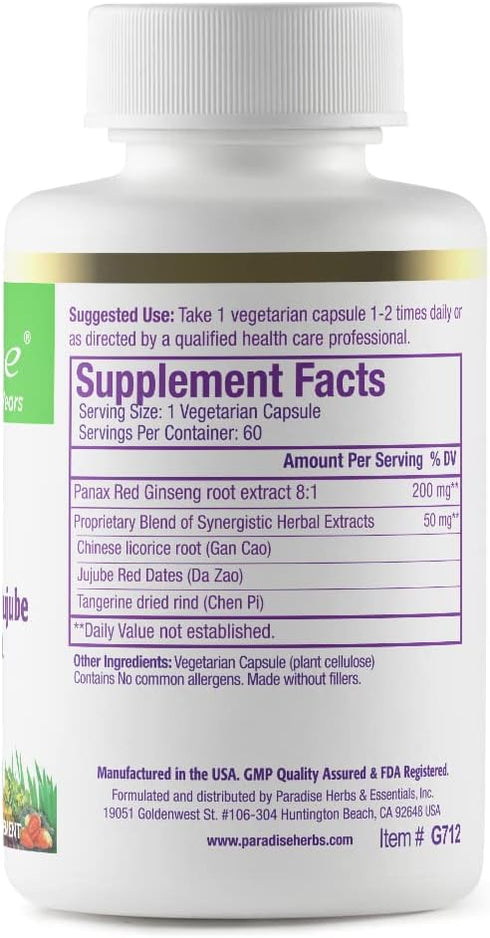 Paradise Herbs Ginseng Root Extract for Energy & Well-being, Vegan, Non GMO, Gluten Free, Vitamin B1, B2 & B12, 60 Capsules...
