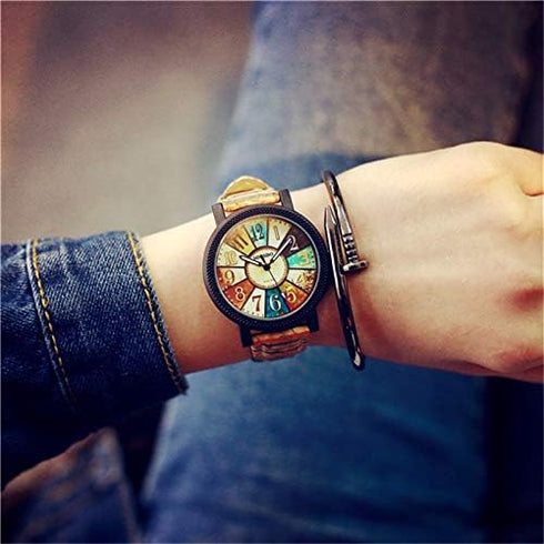 Women's Multicolor Denim Artificial Leather Strap Number Turntable Quartz Bracelet Wrist Watch...