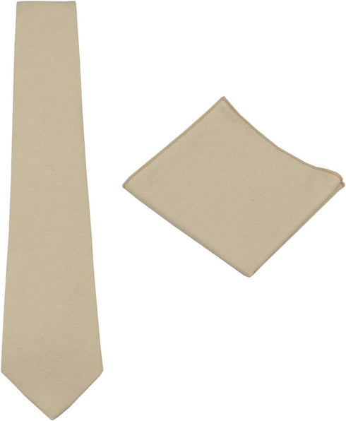 Mens Solid Linen Tie Set : Slim Necktie with Matching Pocket Square (Light Champagne)...