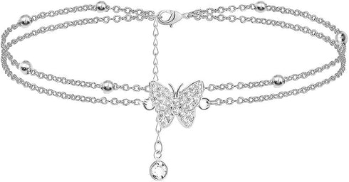 14K Butterfly Silver - Adjustable Layered - Jewelry Anklet Gifts for Women Teen Girls...