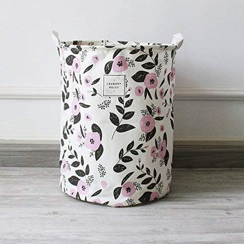 UUJOLY Collapsible Laundry Basket, Laundry Hamper with Handles Waterproof Round Cotton Linen Laundry Hamper Printing Household Organizer Basket, 1...