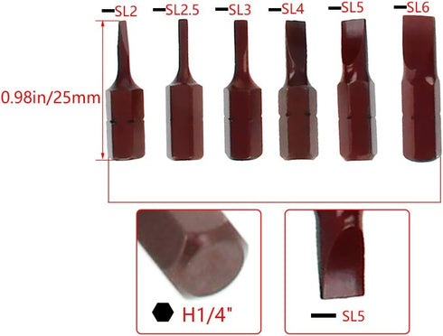 Utoolmart 6Pcs Slotted Bits Set,1/4 Inch Hex Shank Magnetic SL2-SL6 Screwdriver Bit Set 25mm Length S2 Screw Driver Kit Tools...