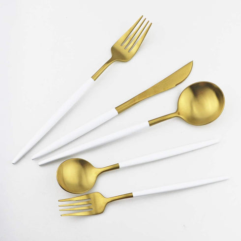 White Gold Flatware, Royal 5 Piece Matte White Handle 18/10 Stainless Steel Tableware Sets for 1 Including Forks Spoons Knives, Camping Silverware...