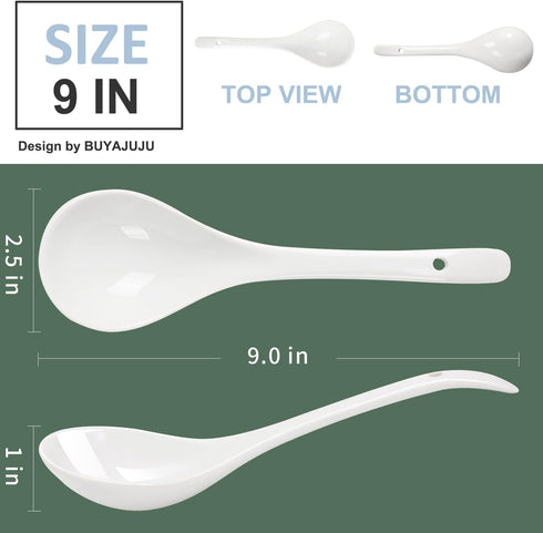 Porcelain Mini Size Ladles, 9 inch Large Soup Spoons, 6 Pieces Premium White Porcelain Spoons, Ladles for Stews, Chinese Noodles Spoons, Long Ladl...