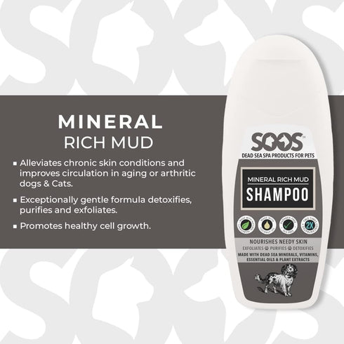 Soos Pet Dog Shampoo for Cats and Pets Mineral Rich Mud Natural Dead Sea Cruelty Free Fast Absorbing Skin Cooling First Aid Antib-acterial and Ant...