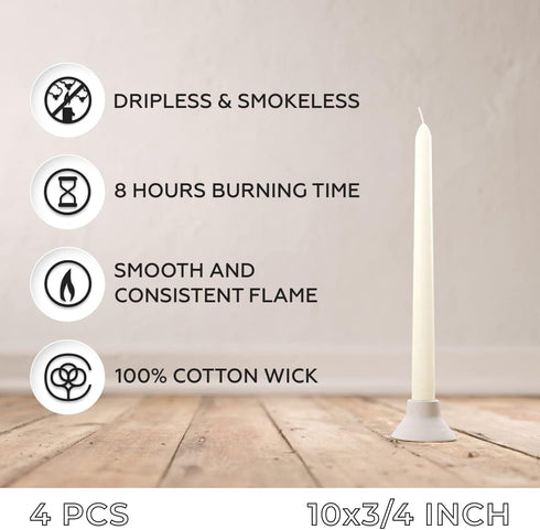 10 Inch Taper Candle 4 Pack - Unscented Hand-Dipped Tapered Long Burning for Home Interior - Dripless and Smokeless 8-Hour Burning Ivory Candles...