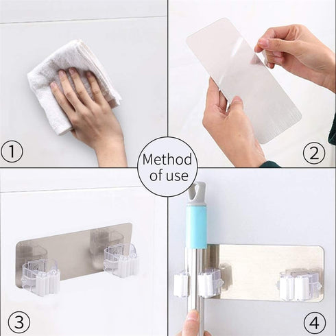 1Pc White Mop Broom Holder Wall Mounted, Holder Self Adhesive Mop Grip Holders Wall Mounted Hanger Organizer, Mop Hanger Heavy Duty with Hooks Mop...