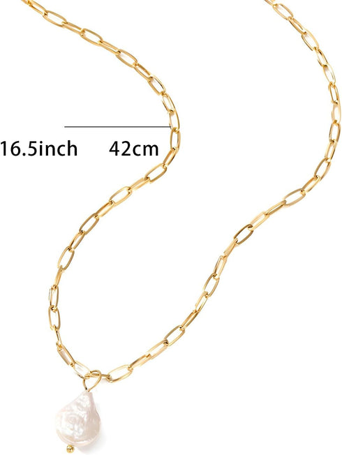 Baroque Silvery Freshwater Pearl Long Pendant Necklace Paperclip Toggle Drop Stainless Steel Necklace For Women...