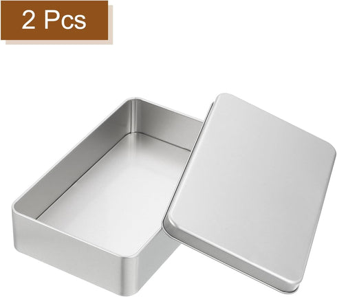 uxcell Metal Tin Box Containers, 2Pcs 7.1x4.3x1.6 Inch Silver Mini Portable Metal Rectangular Empty Hinged Tins Box with Lid for Home Storage Orga...