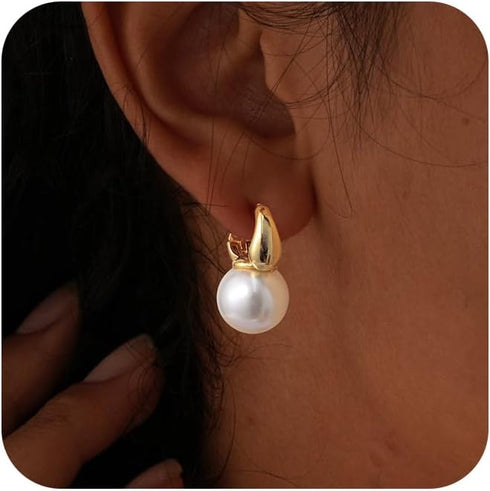 Pearl Earrings for Women, 14K Gold Plated/925 Sterling Silver Quality Handpicked AAA+ Freshwater Cultured Round Pearls Small Gold Hoops Dangle Pea...