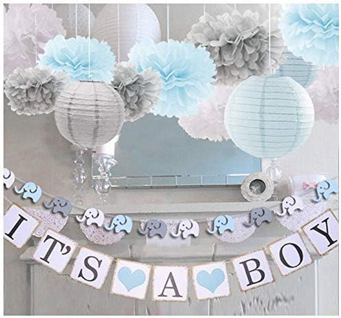 luckylibra Boy baby shower decorations, It is a Boy Banners Elephant Garland and Paper Lantern Paper Flower Pom Poms ?Blue White Grey?...
