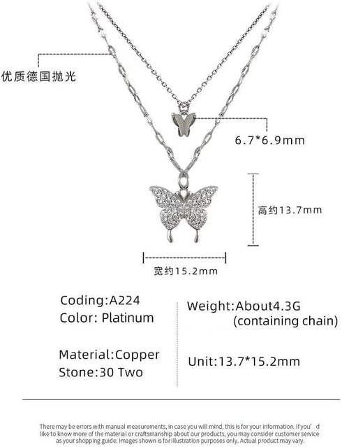 Pingyongchang Bohemian Butterfly Pendant Necklace Choker Silver Layered Crystal Choker Necklace Layered Lace Chain Rhinestone Necklace Insect Chai...