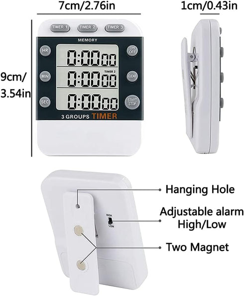 Digital Dual Kitchen Timer for Cooking, 3 Channels Count Down/up Triple Multi Timers for Food, Magnetic Memory-Preset Large-Display Adjustable Ala...