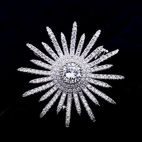 Sparkling Silver Tone Micro Pave Round Shaped Burst Star Brooches Collar Lapel Pins Atomic Jewelry...