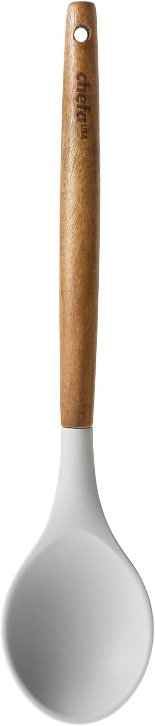 Silicone Serving Spoon - with Wooden Handle, Non-Stick Cookware Heat Resistant Kitchen Utensil - Light Gray...