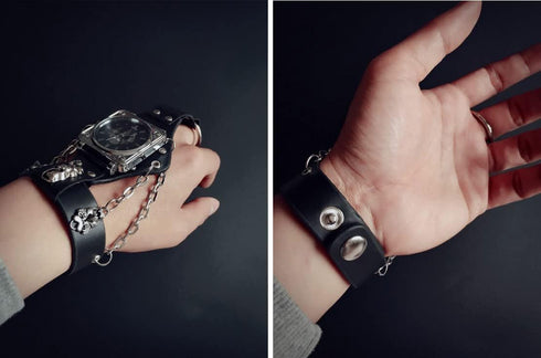 Fashion Hip-Hop Punk Skull Watch for Men Women Black Wide Leather Cuff Band Watch Cool Style Wrist Watches,Chains Locomotive Glove Watch...