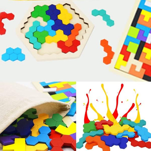 2 Pack Wooden Russian Blocks Puzzle + Hexagon Puzzles for Kids & Adults, Wooden Block Puzzle Intelligence Brain Teasers Toy Logic Game STEM Educat...