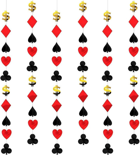Casino Foil String Decorations - 7' (Pack of 6) - Red, Black, & Gold Casino Party Icons - Perfect for Game Night, Vegas-Themed Events, and More...