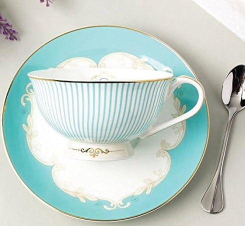 Jusalpha® Vintage Blue Bone China Teacup Coffee Cup Spoon and Saucer Set (FL-TCS01)...