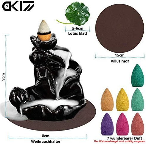 DK177 Waterfall Incense Holder Backflow Cone Ceramic Burner Handcrafted Porcelain Censer Incense Stick Stand with 20 Free Cones...