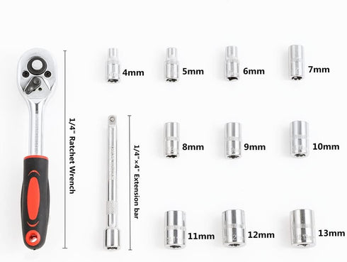 Ratchet Socket Wrench Set 1/4 Inch Drive, Mechanic Tool Kit with 4mm-13mm Metric Sockets, Release Ratchet Handle and Extension bar,Plastic Rack 12...