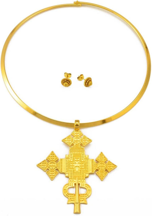 Ethiopian Cross Jewelry for Women - Ethiopian Jewelry for Women Set - Big Size Pendant Chokers Collar and 1Cm Small Earrings Etiopian Jewelry Sets...