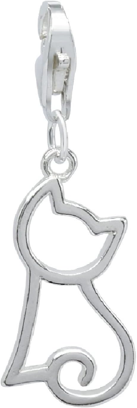 925 Sterling Silver Cat Silhouette Charm: Lobster Claw Clasp Clip-On for Bracelets and Necklaces...