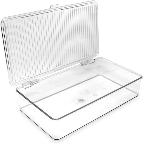 Isaac Jacobs Small Stackable Organizer Bin (10.75” x 6.5” x 2.4”) w Hinged Lid Clear Storage Box Home Office School Fridge Bathroom Kitchen Pantry...