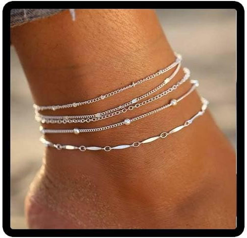 Boho Beaded Anklets Silver Multilayer Bead Chain Anklet Bracelets Beach Accessories Foot Jewelry Adjustable for Women...