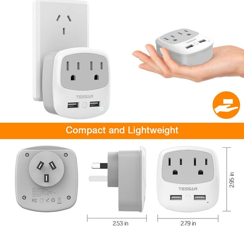 TESSAN New Zealand Australia Plug Adapter, Type I Travel Adaptor with 2 USB Ports 2 American Outlets, US to Australian AU Fiji Argentina China Cha...