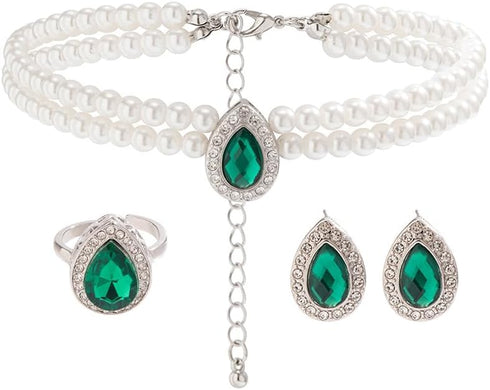 Elegant Pearl Strand Necklace Earrings Rings Set Green Crystal Rhinestone Pearl Choker Necklace Chunky Short Choker Necklace Vintage Dainty Pearl ...