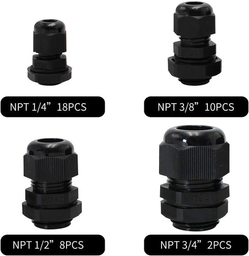 MAKERELE NPT Cable Glands Kit Waterproof Adjustable Nylon 1/4” 3/8” 1/2” 3/4” Plastic Strain Relief Cord Connectors 38pcs Black With Gaskets...