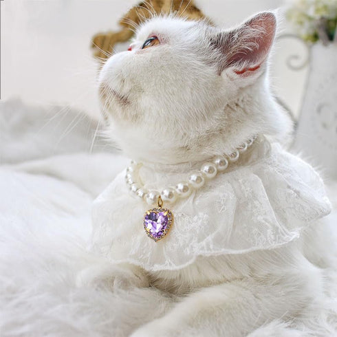 Pearl Collar for Cats Pearl Dog Collar Heart Shape Rhinestone Necklaces for Small Dogs Collar Accessories Cat Pearl Collar (Large, Violet)...
