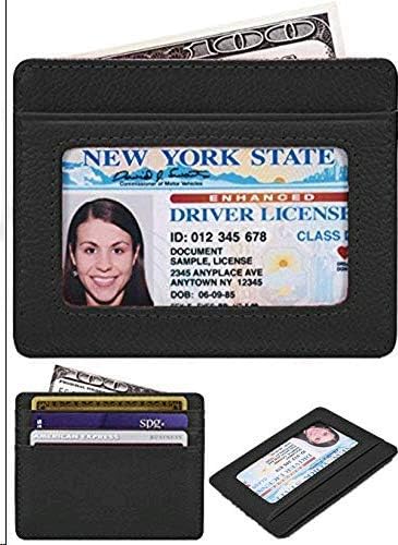 womens Credit Holder Genuine Leather Slim Minimalist Card Case Wallet, Black With Id Window, Classic US...