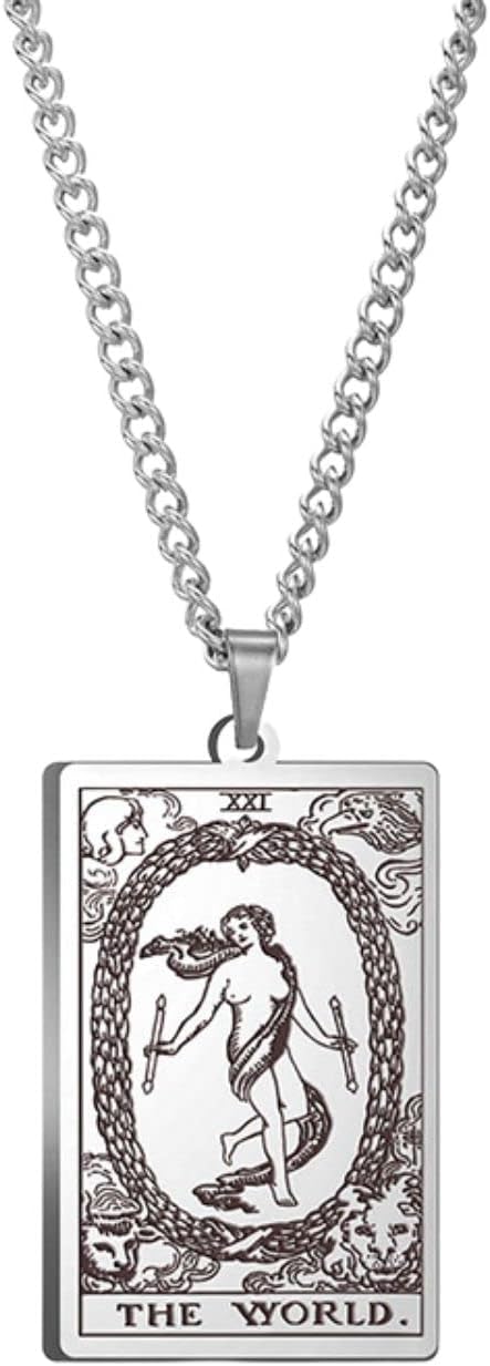 Fuqimanman2020 Stainless Steel Tarot Cards Necklace Silver Vintage Tarot Jewelry Good Luck Amulet Pendants Necklace for Women Men...