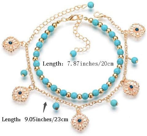 Boho Turquoise Anklet Bracelet Gold Flower Anklet Multi Layer Beads Anklet Beach Anklet Foot Chain Jewelry for Women and Teen Girls...