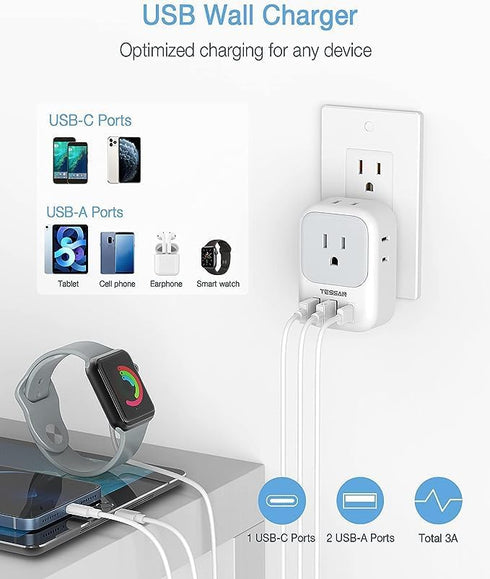 USB Wall Charger, Wall Plug Adapter Outlet Extender, TESSAN 3 Charger Block (1 USB C Port), Multi Charging Station for Cruise, Bathroom, Office, D...