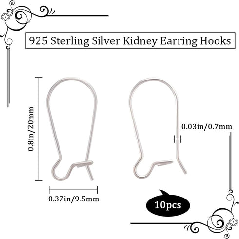 Beebeecraft 1 Box 10Pcs Kidney Earrings Hook 925 Sterling Silver Earwire Connector 20mm Long French Ear wire for Jewelry Making DIY Earring Findin...