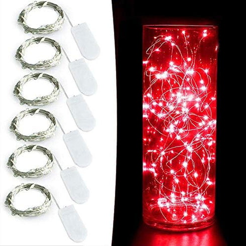YKB 6 Pack Red LED Fairy Starry String Lights with 20 Mini LEDs on 6.6FT/2M Copper Wire, Fairy Lights Powered by 2xCR2032(Incl) Batteries, for Wed...