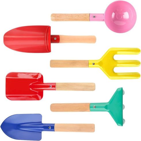 6 Piece Kids Beach Tools,Children Beach Sand Toys, Made of Metal with Sturdy Wooden Handle,Safe Beach Gardening Set,Spoon, Fork, Trowel, Rake & Sh...